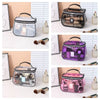 A collection of clear and purple cosmetic bags featuring various makeup tools and bottles.