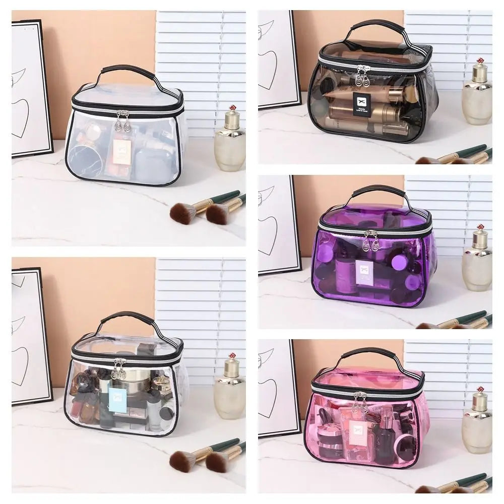 A collection of clear and purple cosmetic bags featuring various makeup tools and bottles.