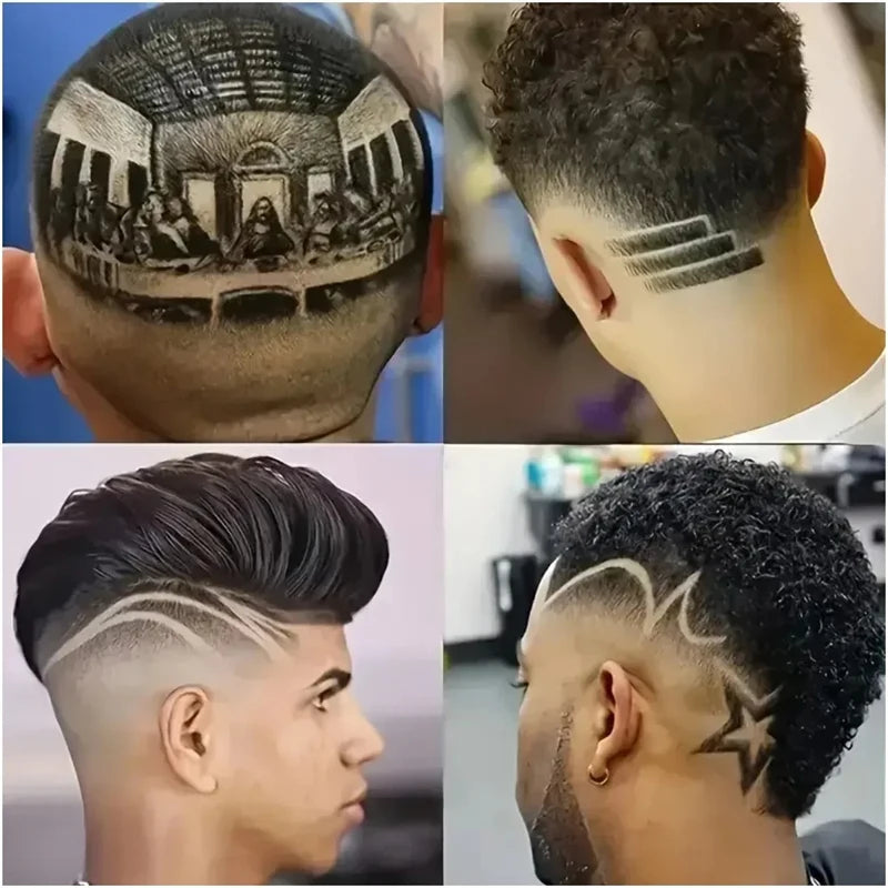 Four images showing various men's haircuts and fades, including a bald fade design.
