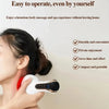 A woman is using a white USB rechargeable cupping guasha massager on her neck for a massage.