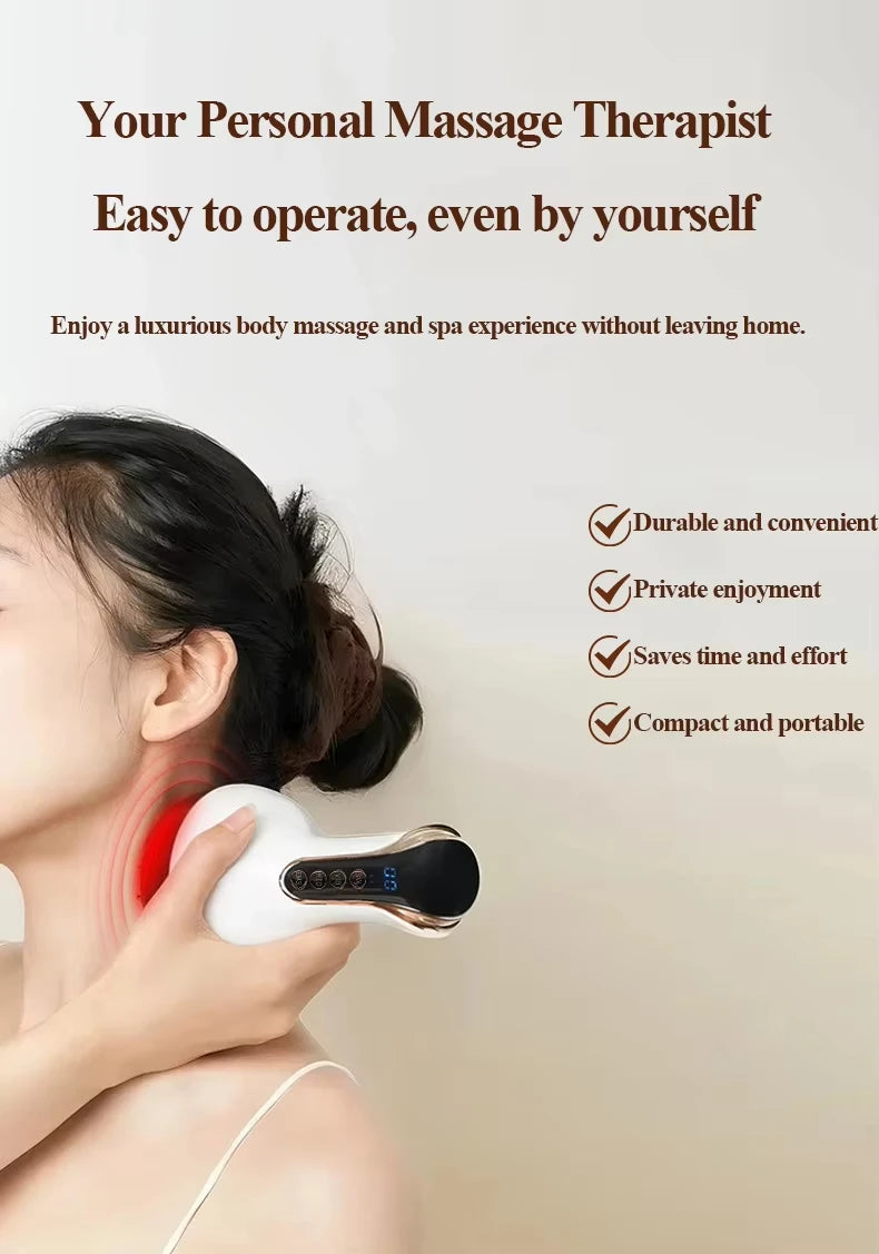 A woman is using a white USB rechargeable cupping guasha massager on her neck for a massage.