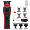 A red Kemei Smart Brain cordless hair trimmer with various interchangeable guards and attachments.