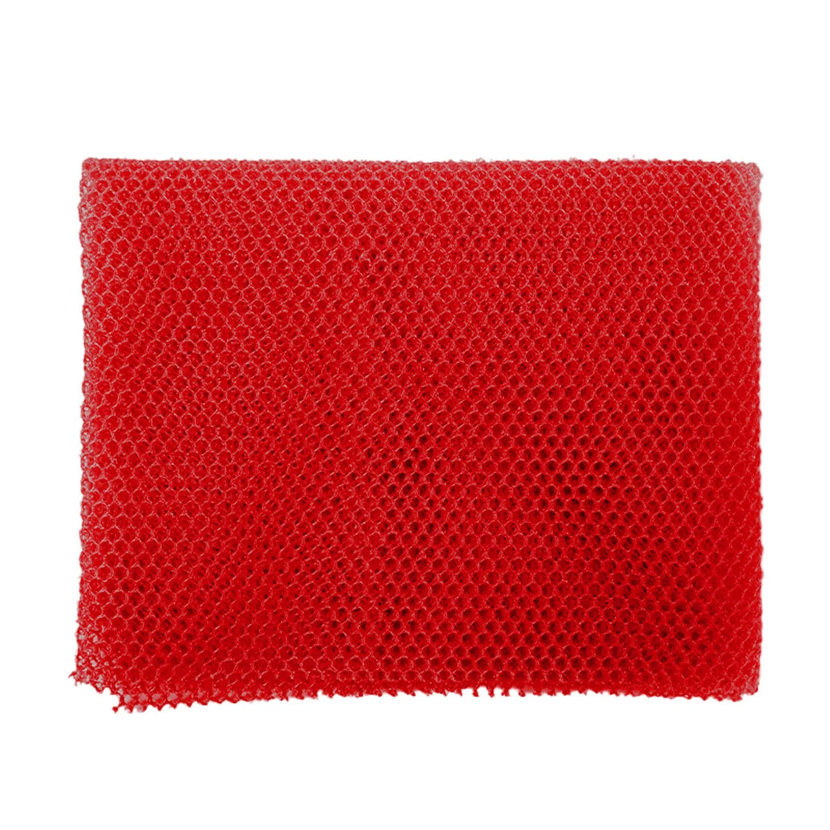 A rectangular red reusable exfoliating bath sponge washcloth with a mesh texture.
