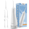 A white momwell oral irrigator device shown with various tips and a box packaging.