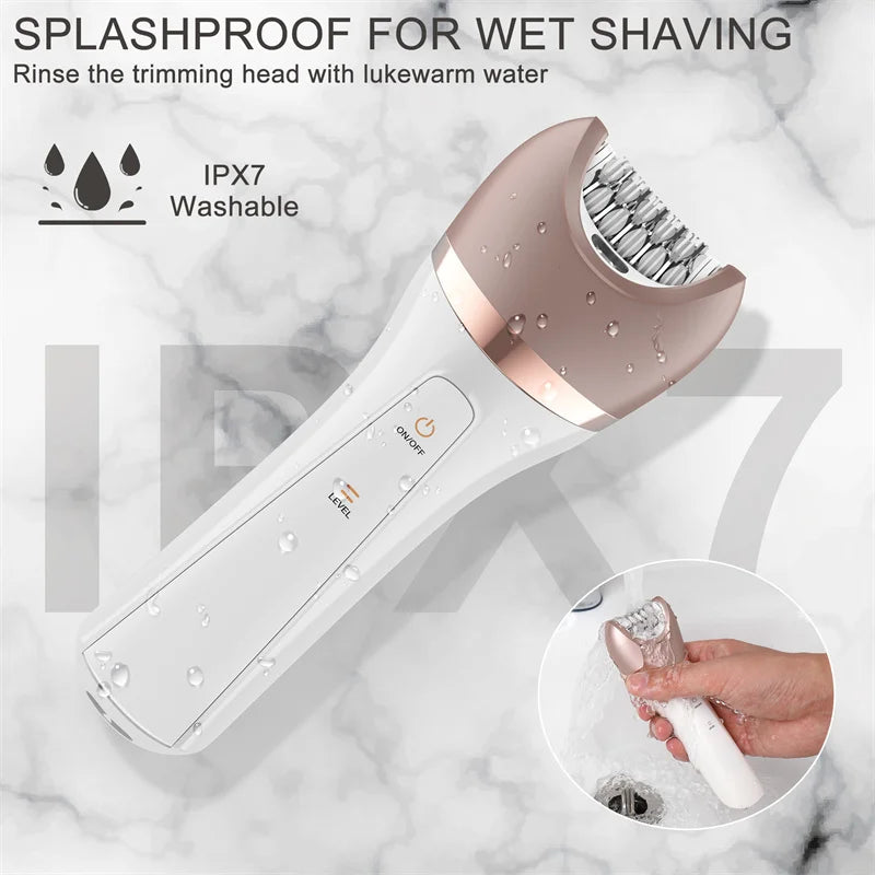 A pink and white electric hair remover tool is shown with a hand rinsing the trimming head under running water.