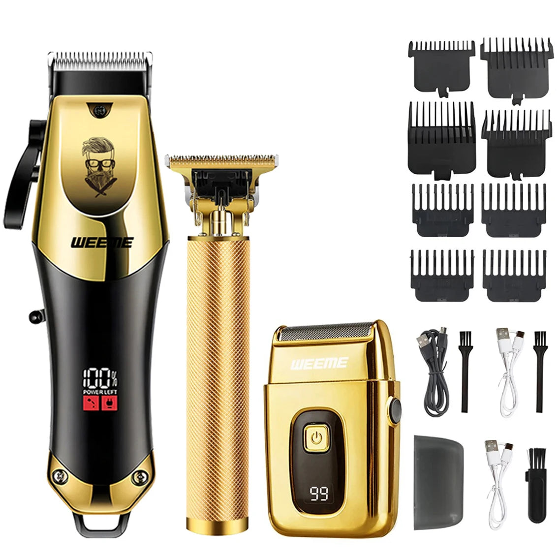 A vintage cordless electric hair clipper in gold and black is shown with various attachments.