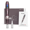 A dark purple Dr.pen microneedling pen device and user manual are displayed on a gray background.