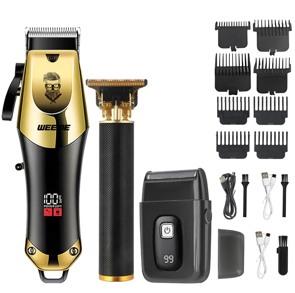 A set of three rechargeable barber tools including a hair trimmer, beard trimmer, and a grooming kit.