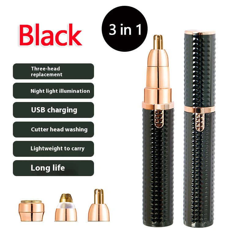 A black 3-in-1 facial and body hair removal device shown with replacement heads and the full product.