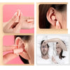 Close-up images showing comforting memory foam earplugs being inserted into an ear and used for noise reduction.