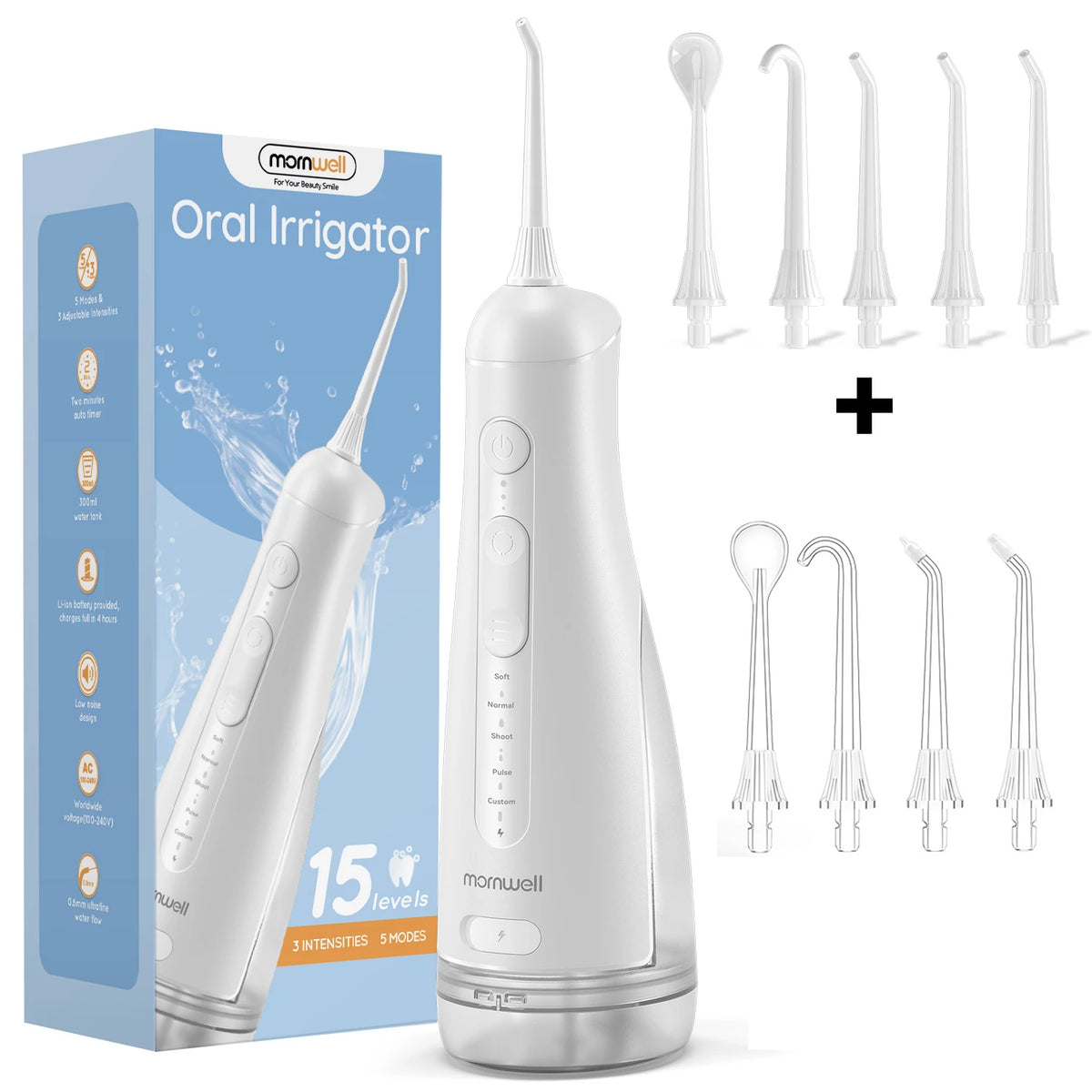 A white momwell oral irrigator device shown with various tips and accessories.