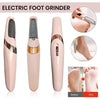 Pink automatic electric foot grinder device shown with usage details and before after results.