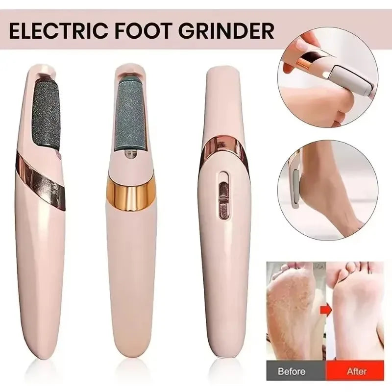 Pink automatic electric foot grinder device shown with usage details and before after results.
