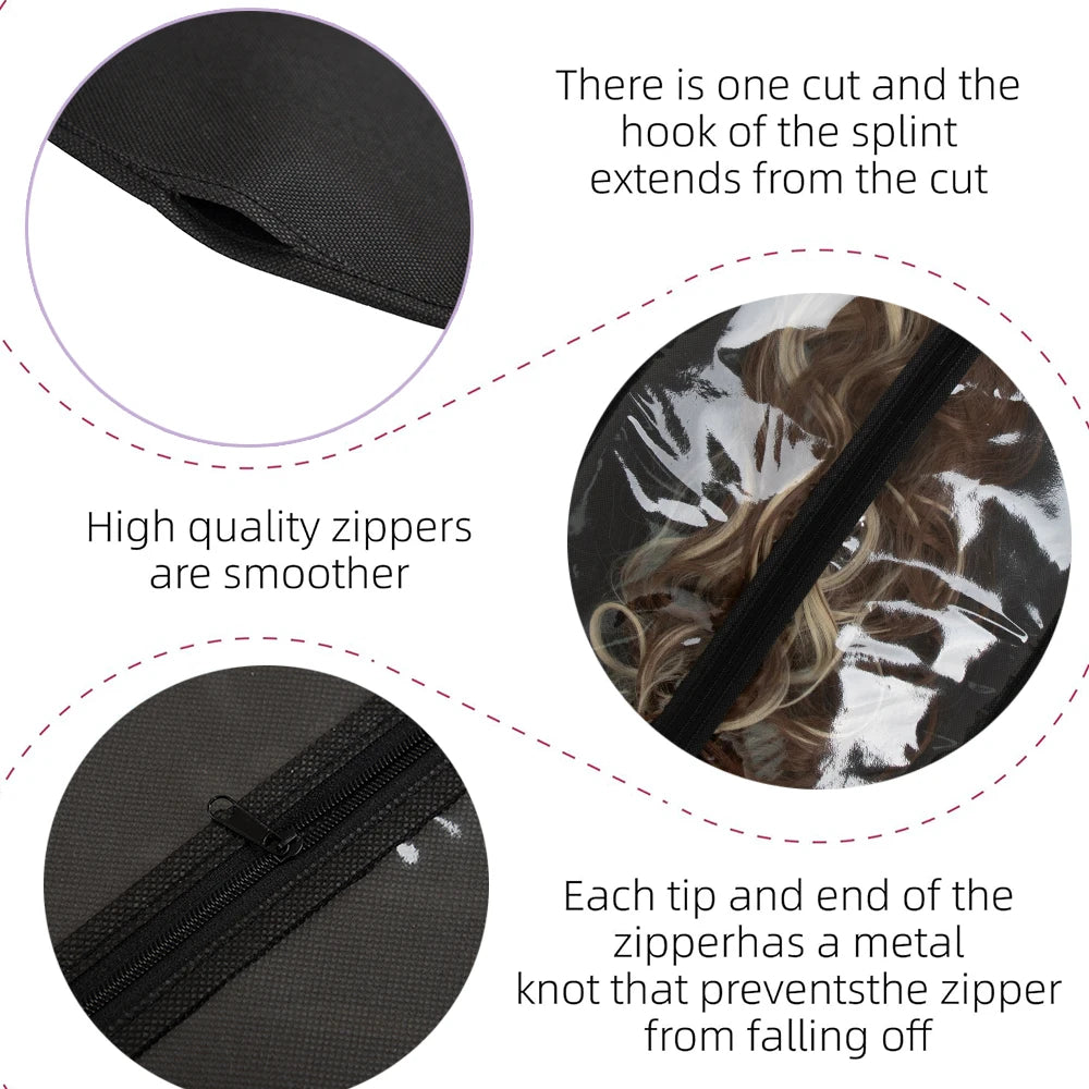 A black wig storage set showing a cut with a hook, smooth zippers, and metal knots on the zipper tips.