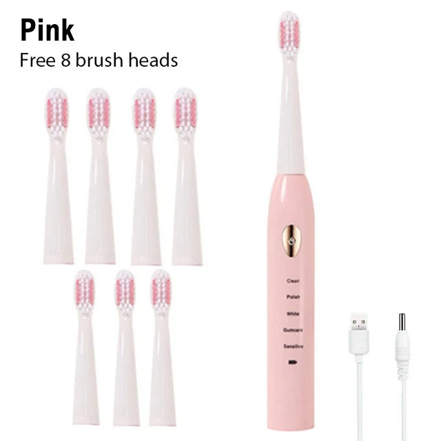 Pink ultrasonic electric toothbrush with 8 brush heads and charging components