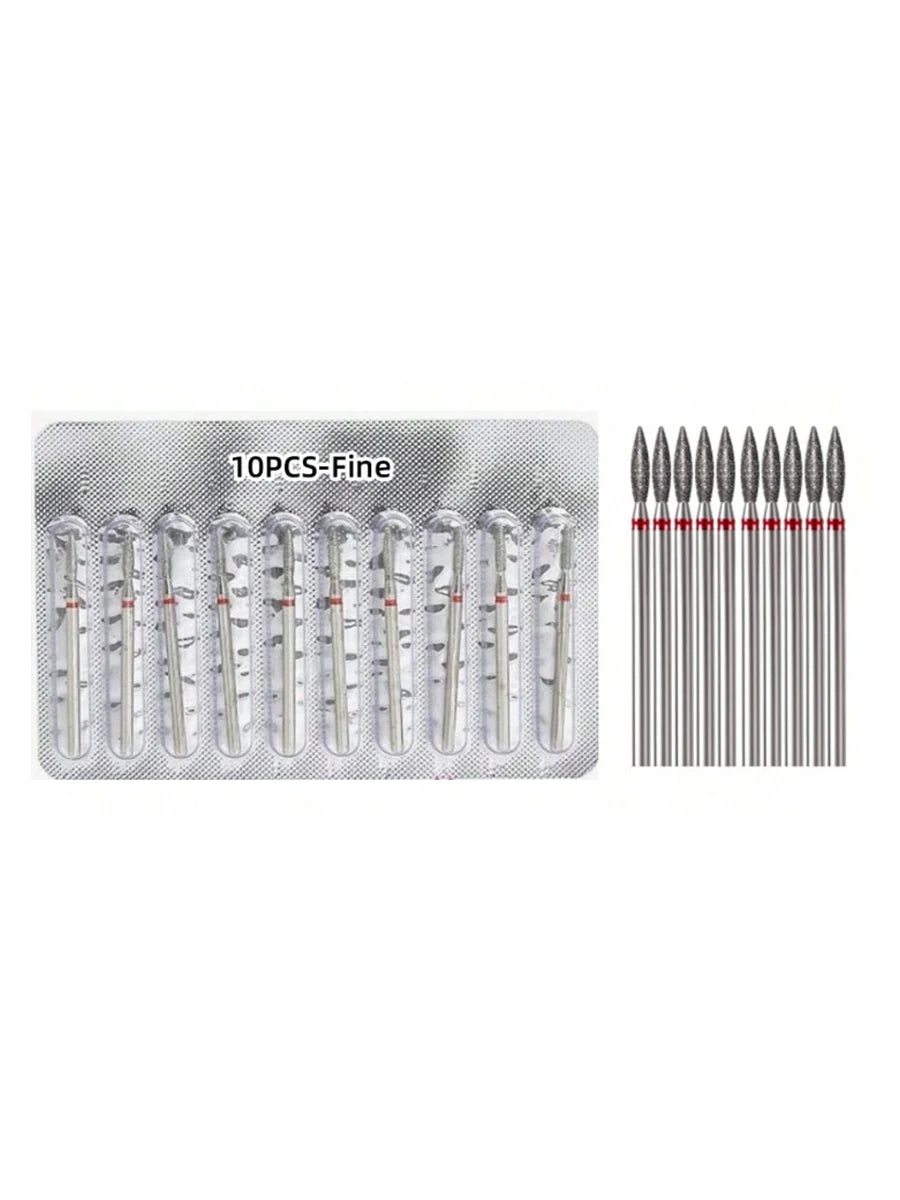 A set of 10 fine diamond nail drill bits shown in a packaging tray and loose.