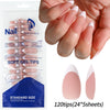 A hand displays soft gel tips for nails, packaged with instructions and a nude pink matte French press design.