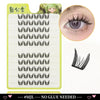 A set of black cluster eyelash extensions for application, shown with a close-up of the finished look and individual lash sty