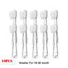 Ten replacement toothbrush heads for electric toothbrushes, clear plastic and white bristles.