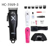 A set of professional cordless hair clippers and trimmers including various guards and accessories.