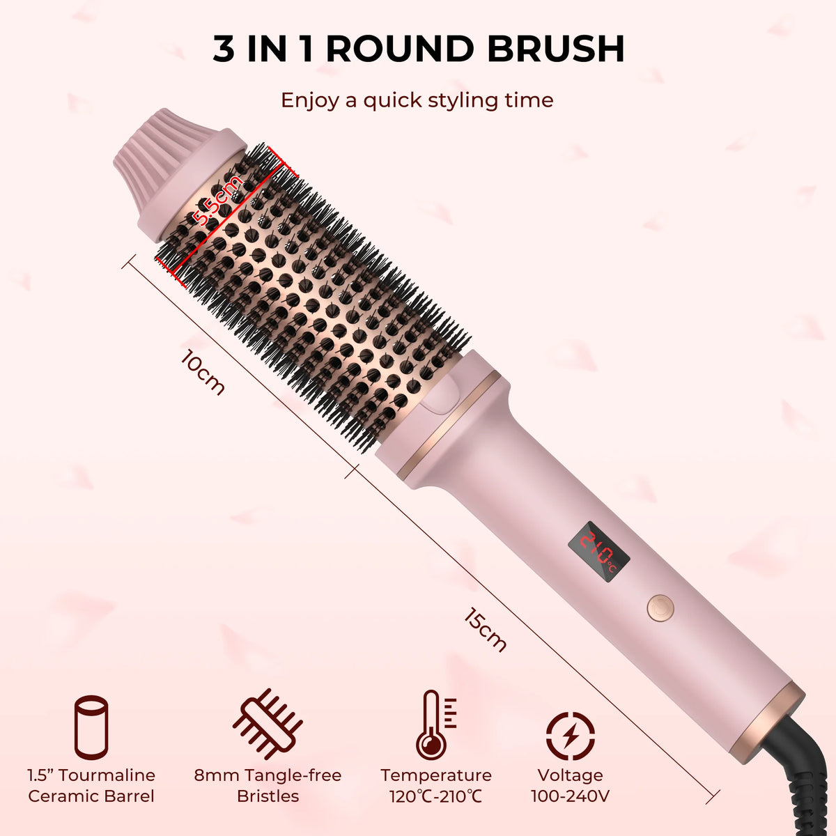 A pink 3 in 1 round brush with a ceramic barrel and bristles shown diagonally.