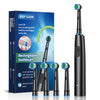 A box and several black electric rechargeable toothbrushes with blue bristles are shown.