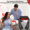A woman is using a black U-shape shiatsu massager with heat for neck, back, and shoulders.