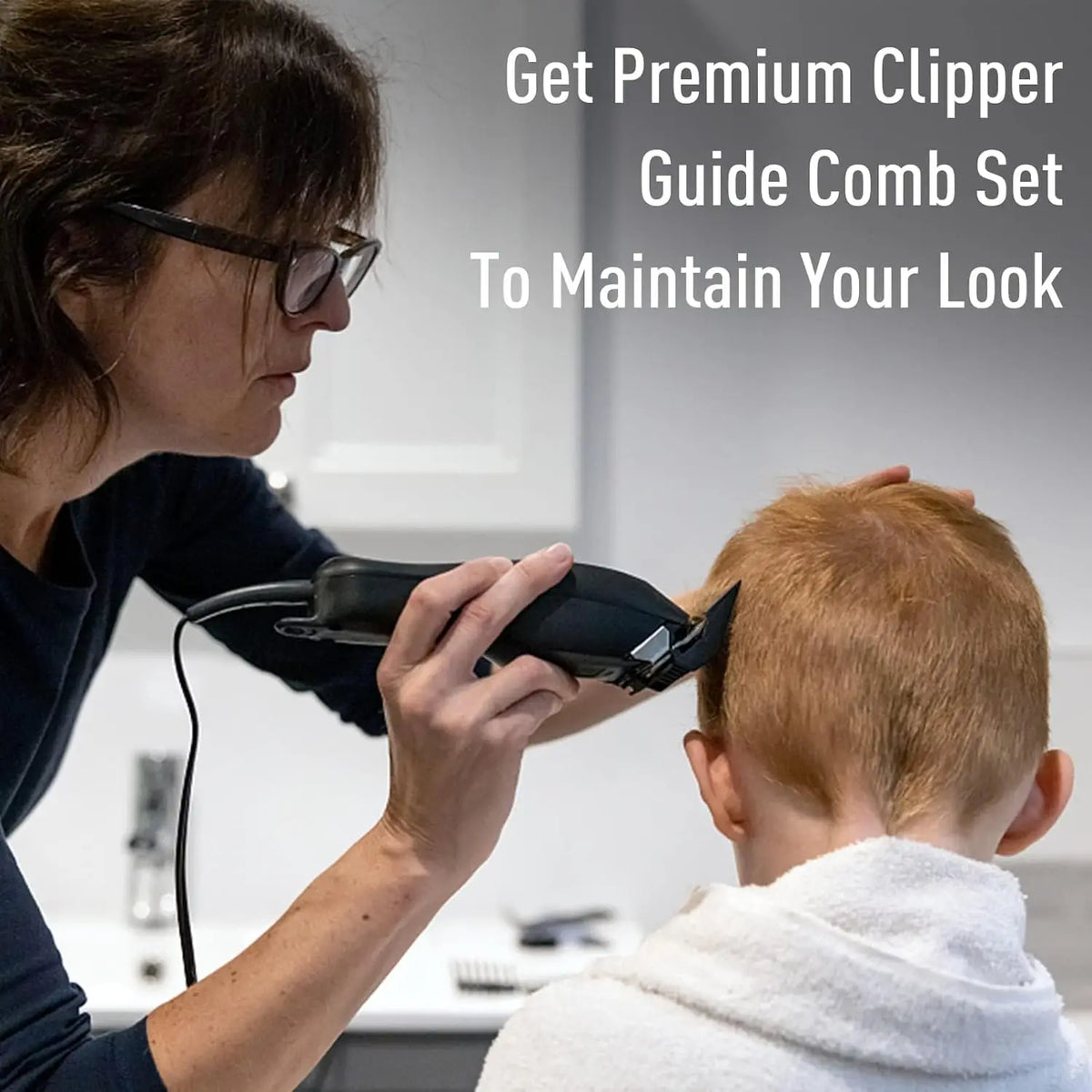 A woman is using a precision hair clipper guide comb set on a child's head.