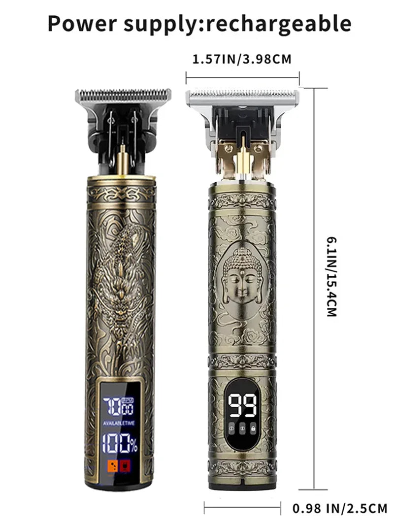 Tragbare wiederaufladbare Haarschere mit goldfarbener Oberfläche und schwarzem Batteriestatus-Indikator.