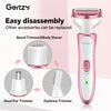 A pink and white Gertzy beard trimmer and body shaver with various accessories shown.