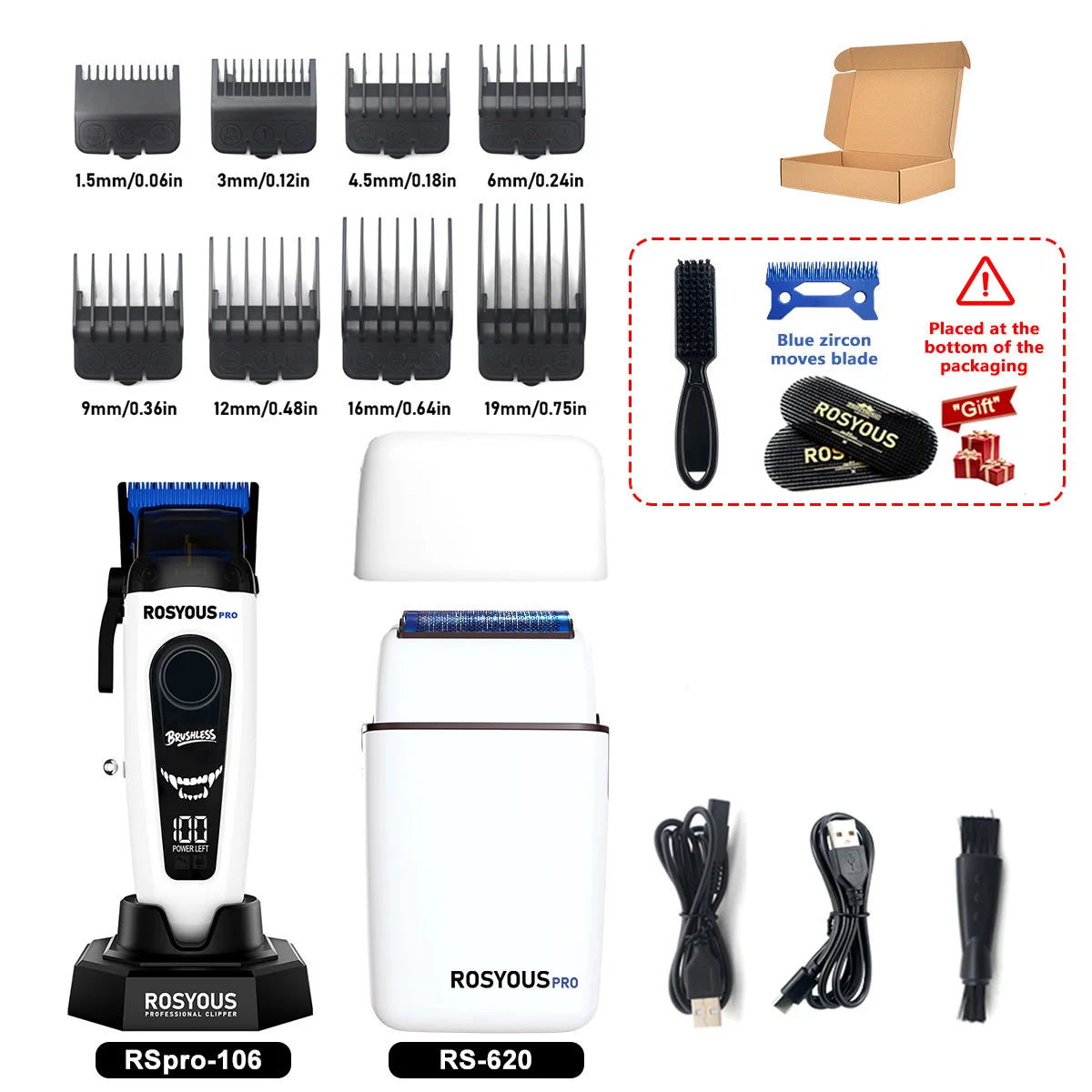 A set of hair clippers and accessories including a ROSYOUS RSPro-106 and RS-620 with various blades and tools.
