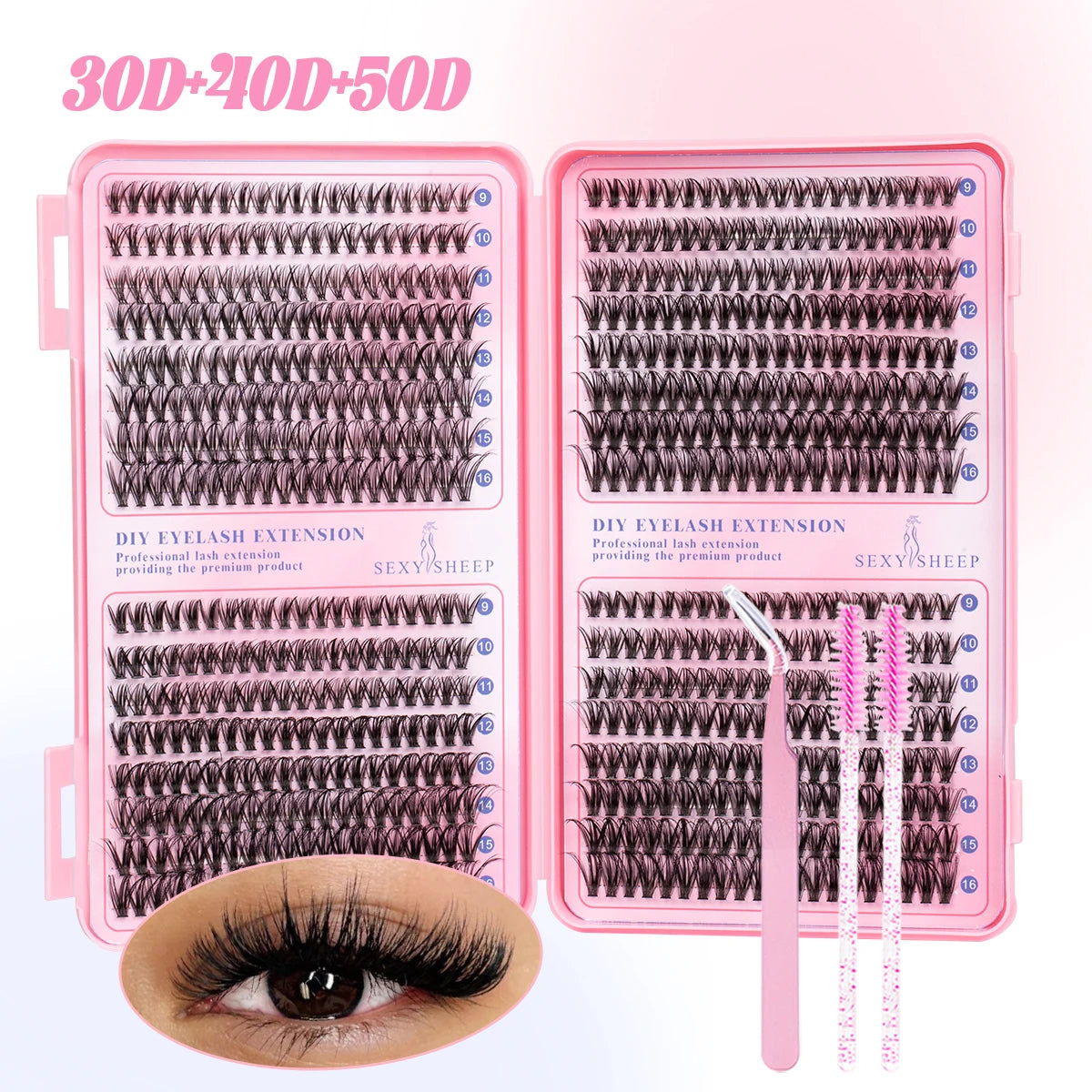 Pink box containing a DIY eyelash extension kit with 30, 40, and 50 strands of wispy faux mink lashes.