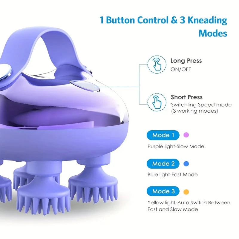 A purple portable electric scalp massager with three kneading modes is shown.