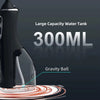 A black portable oral irrigator with a large capacity water tank and a visible gravity ball mechanism.