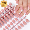 A set of 150 matte pink French press on artificial fingernails displayed on a white background.