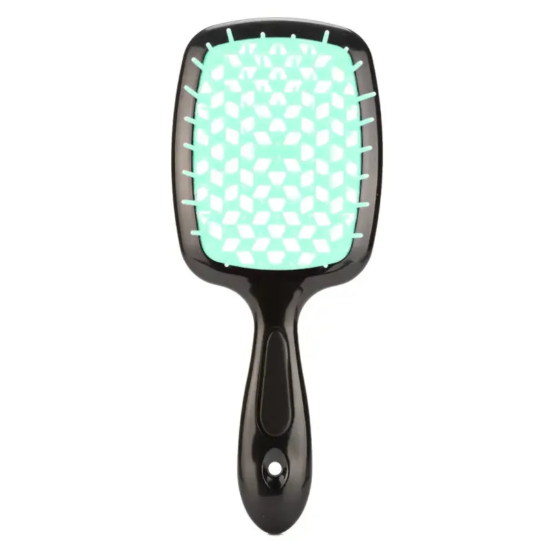 Peine desenredante de dientes anchos verde menta brillante con mango negro.