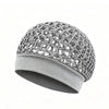 A grey knitted wrap cap bonnet with a satin band, shown from the side.