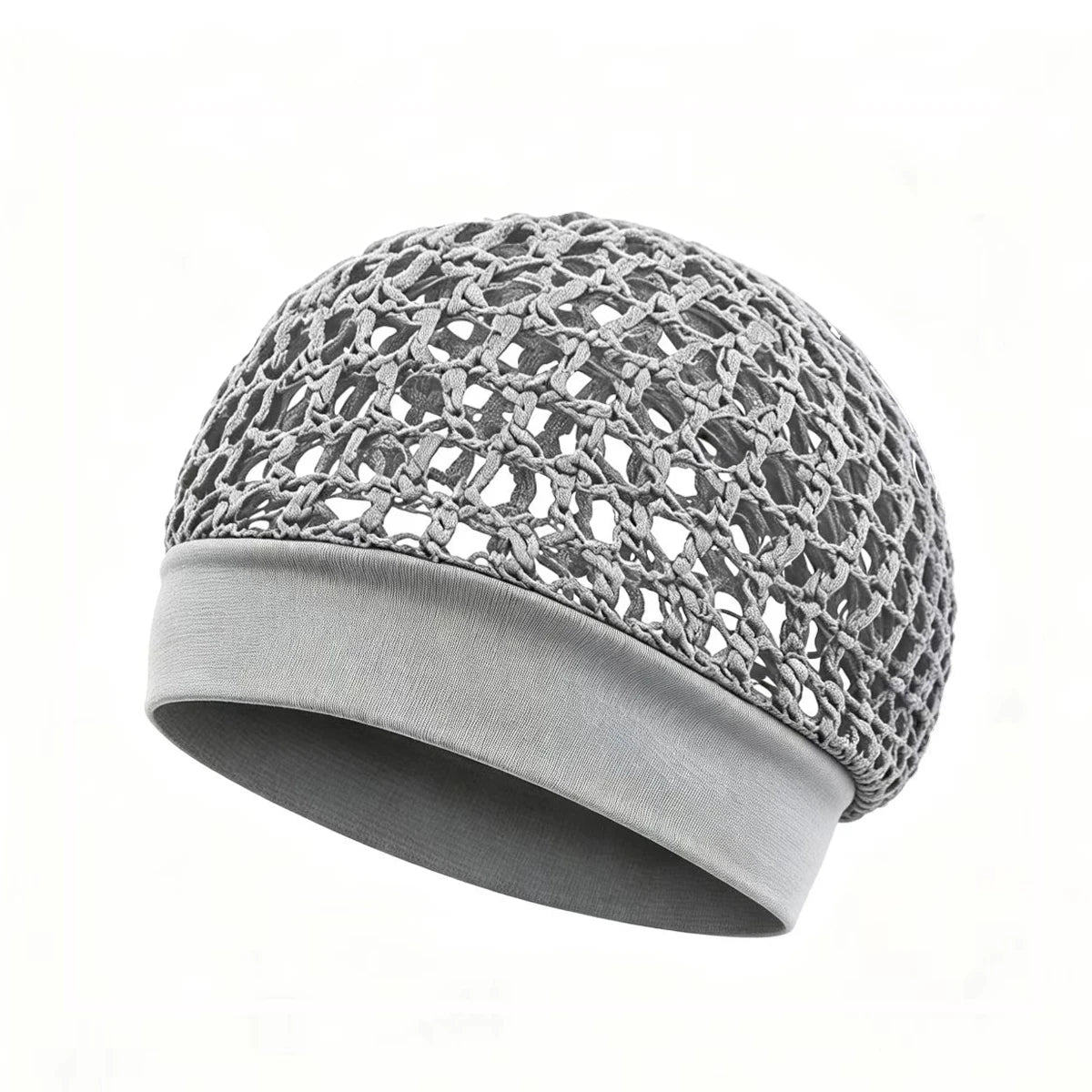 A grey knitted wrap cap bonnet with a satin band, shown from the side.