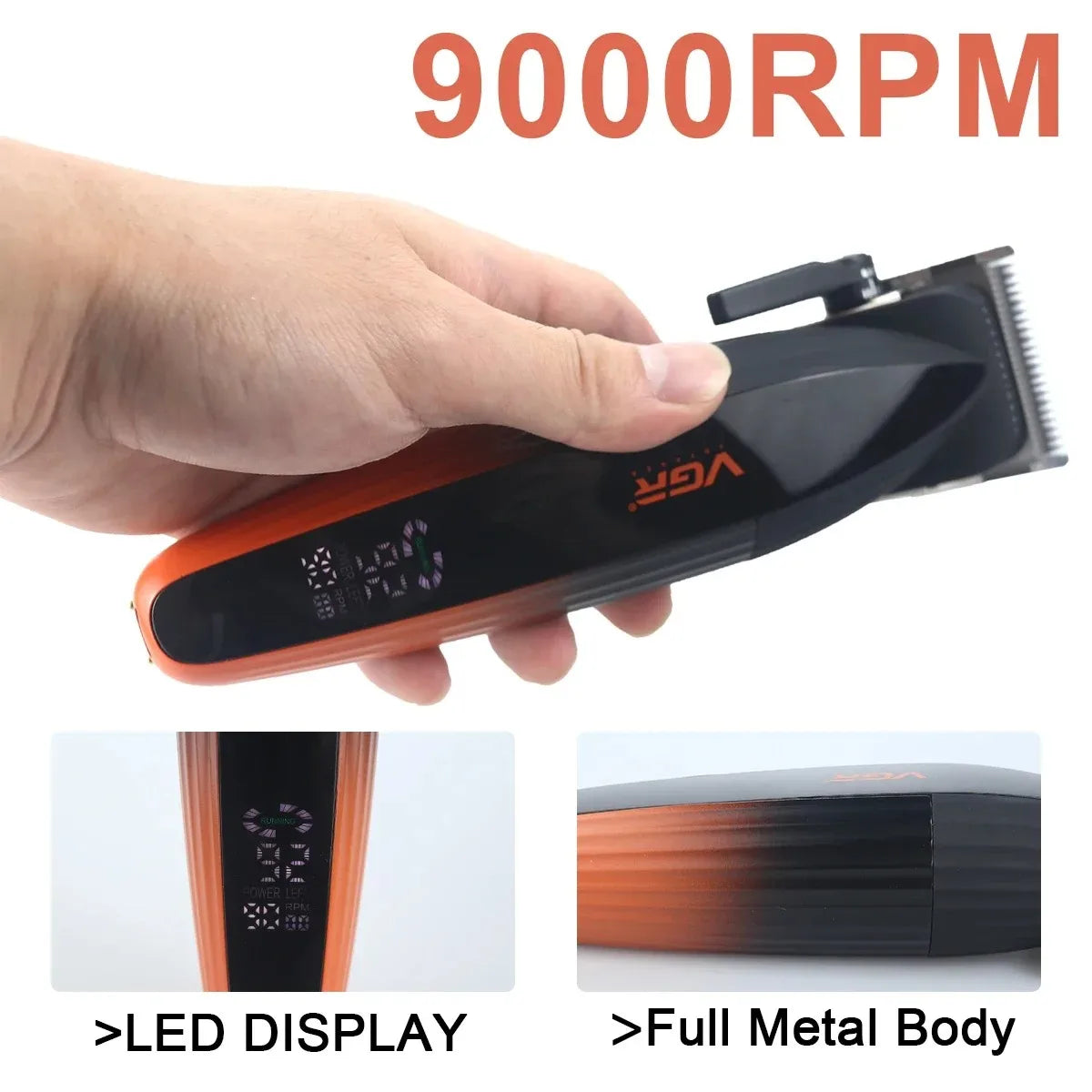 A hand holds an orange and black cordless hair trimmer with a display, showing its full metal body.