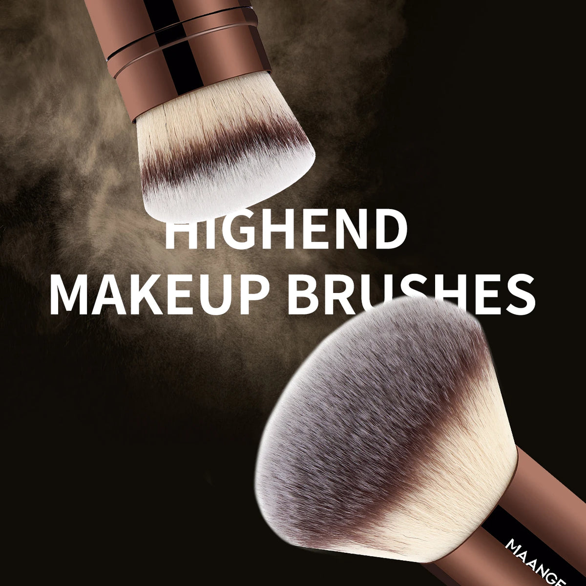 A close-up of a high-end makeup brush with light brown and white bristles against a dark background.