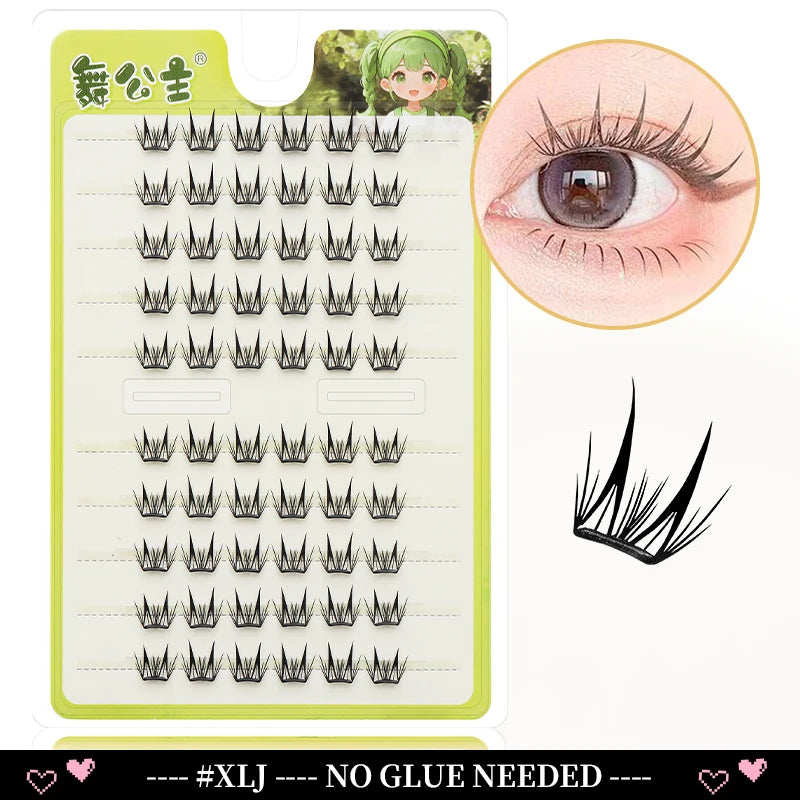 A sheet of Dingsen Cluster Eyelash Extensions showing various lash styles and a close-up of an eye.