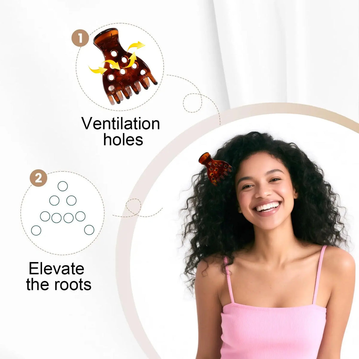 Diagram showing how to use root lifting hair clips with ventilation holes to elevate roots for volume and bouncy curls