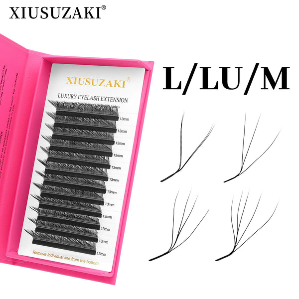 A box of XIUSUZAKI luxury eyelash extensions in L/LU/M sizes, showing various lash styles.