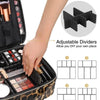 A hand is adjusting the dividers in a portable makeup organizer bag with adjustable sections.