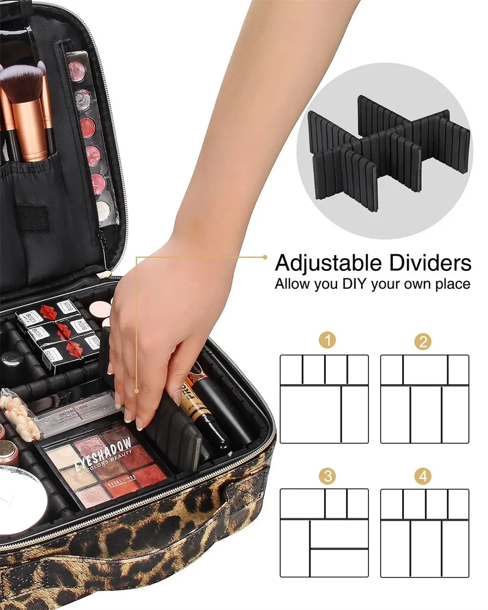 A hand is adjusting the dividers in a portable makeup organizer bag with adjustable sections.
