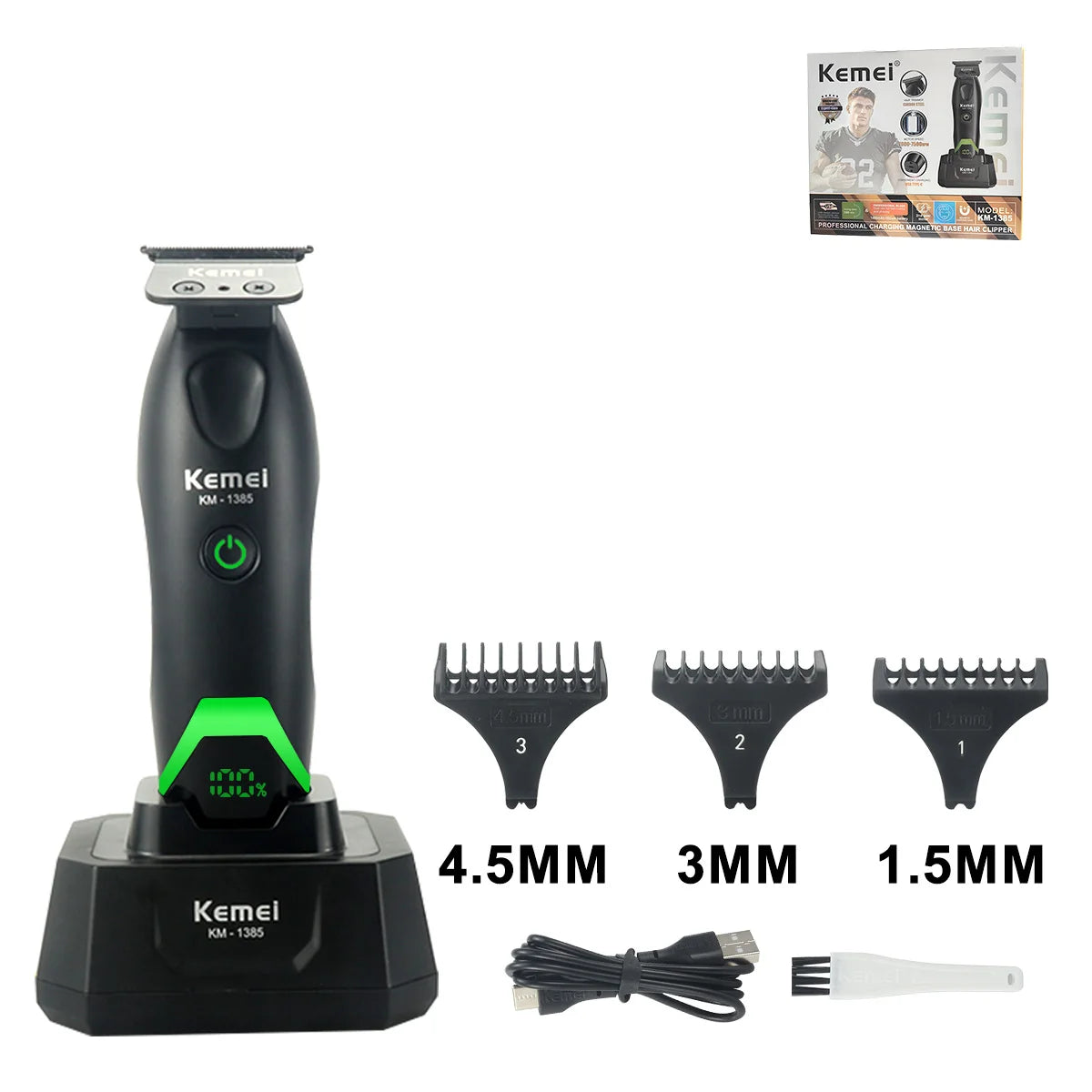 A Kemel KM-1305 electric hair trimmer with various size guards and accessories.