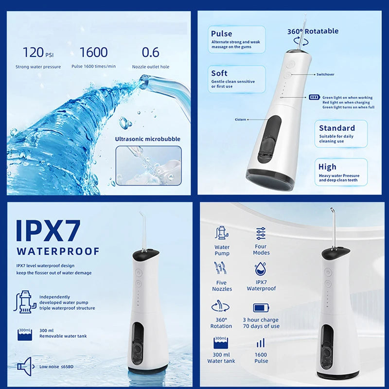 A white portable dental water flosser with a detachable water tank and various settings shown in different views.