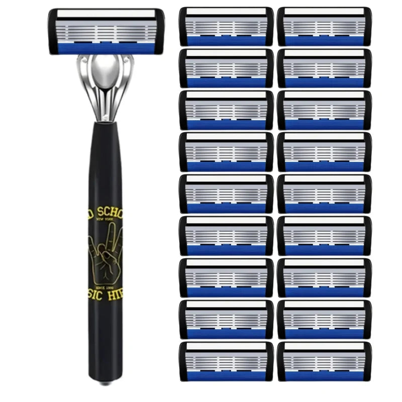 A black handle and silver head of a premium stainless steel shaver.