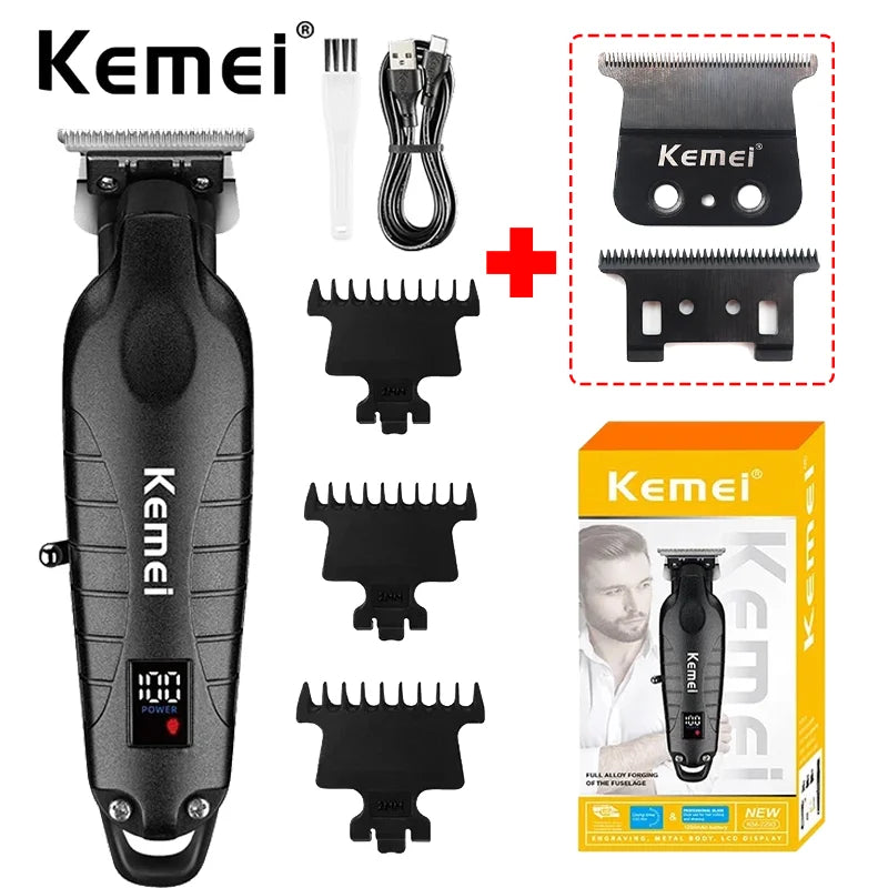 A black professional cordless hair trimmer with various attachments shown next to the product box.