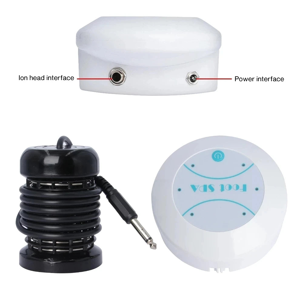 White ionic detox foot spa massager device with separate ion head and power interface components.